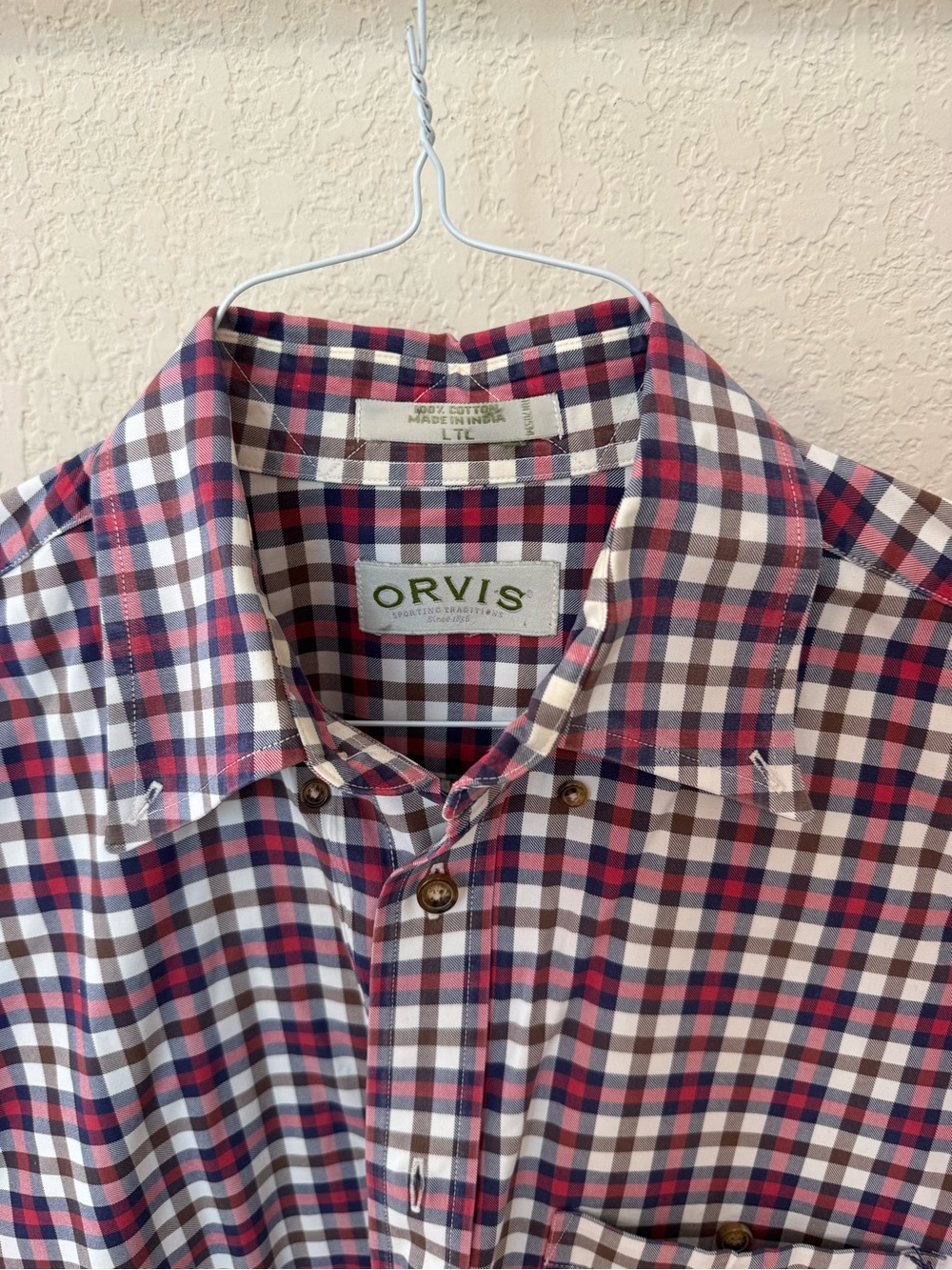 Orvis Men’s Plaid Button-Down Shirt - Red, Blue & White. Size LT.